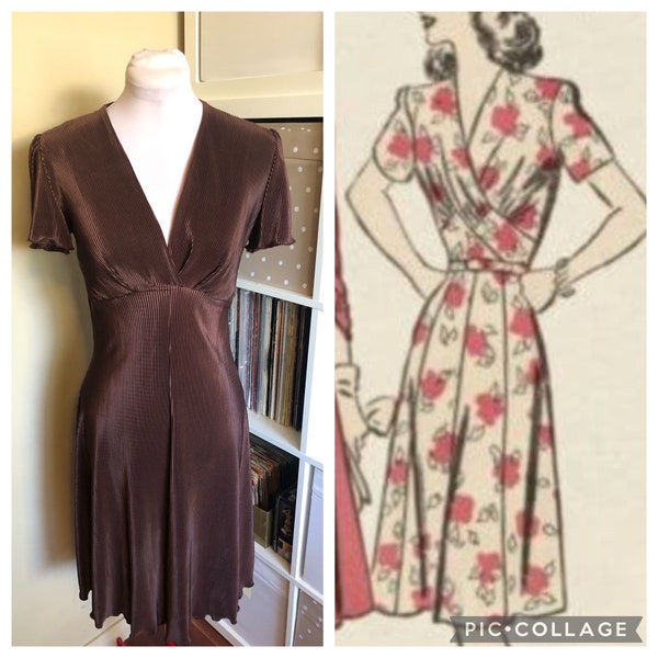 Reproduction 1940s Mini Pleat Fabric Brown A-Line Dress | 33-35 Bust | 1940s style dress | Swing Dancing