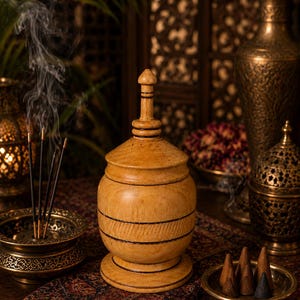 May include: A light brown wooden lidded container with a rounded body and a tall, slender finial. The container features horizontal black line accents around the lid, the centre of the body, and the base, showcasing a smooth, polished wood grain finish.
