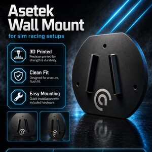 Könnte beinhalten: Eine schwarze Asetek-Wandhalterung für Sim-Racing-Setups mit kreisförmigem Design, zwei vertikalen Montageleisten und einem Logo. Der Text umfasst SimRacing Europe, Asetek Wall Mount, 3D Printed, Clean Fit, Easy Mounting, Strong & Reliable, Perfect Compatibility und Built for Sim Racers.