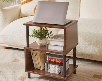 Modern Wooden Sofa Side End Table - Minimalist Bedside Nightstand with Shelves & Storage Table