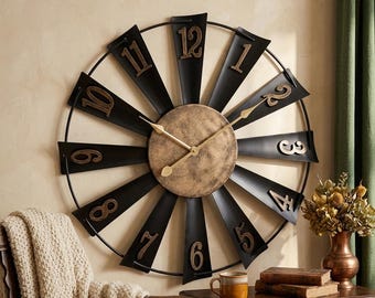 Grande orologio da parete industriale in metallo a forma di mulino a vento, decorazione rustica in stile fattoria vintage, idea regalo
