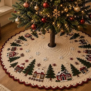 Può includere: Una gonna per albero di Natale rotonda all'uncinetto color crema con un bordo decorativo a festoni rosso scuro. La superficie è decorata con motivi applicati di pini verdi, piccole case rosse e marroni con tetti innevati e fiocchi di neve bianchi.