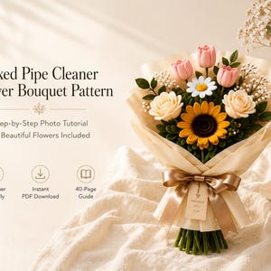 May include: A bouquet of pipe cleaner flowers featuring pink tulips, white daisies, yellow sunflowers, and cream roses wrapped in beige paper with a brown ribbon. Text reads: Mixed Pipe Cleaner Flower Bouquet Pattern, Step-by-Step Photo Tutorial, 10 Beautiful Flowers Included, Beginner Friendly, Instant PDF Download, 40-Page Guide.