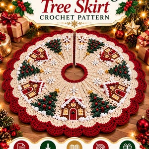 Può includere: Uno schema all'uncinetto per una gonna per albero di Natale a tema villaggio, caratterizzato da un design circolare con casette di pan di zenzero e pini alternati in filato rosso, verde e crema, arricchito da fiocchi di neve bianchi e un bordo smerlato rosso.