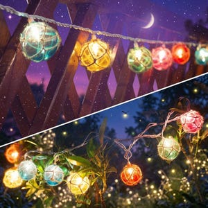 May include: A string of decorative globe lights featuring spherical glass orbs wrapped in natural twine netting. The lights emit a warm glow in various colors including blue, yellow, green, pink, and orange, suspended along a white wire.