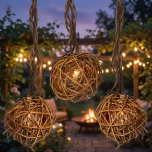 May include: Three spherical light fixtures crafted from intertwined brown twigs, each suspended by a thick, twisted brown cord. Each orb-shaped cage contains a small, glowing light bulb that emits a warm, soft illumination from within the center.