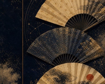 May include: Three folding fans arranged vertically against a dark blue background with gold celestial patterns. The top fan has a geometric pattern, the middle has a wave design, and the bottom features a red sun and dark clouds.