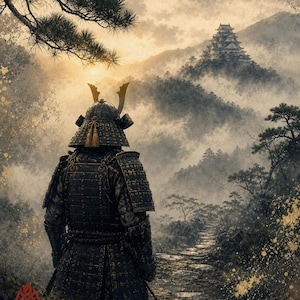武者鎧霧プリント、松山武士ポスター、日本の伝統芸術