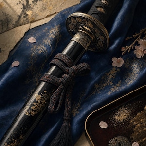 Puede incluir: Una katana negra con un patrón floral dorado en la vaina y un mango envuelto en negro. La espada presenta una guarda circular ornamentada con detalles dorados y un cordón oscuro atado alrededor de la vaina. Una pequeña pieza metálica está cerca.