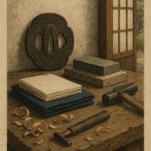 Puede incluir: Una tsuba de metal oscuro, una pila de papel claro sobre un paño azul doblado, dos piedras de afilar rectangulares, un martillo de metal con mango de madera y una pequeña herramienta de metal con mango de madera sobre un banco de trabajo.