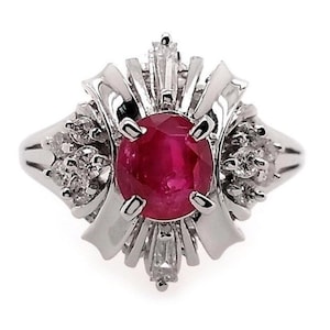 Natural Burma Ruby Diamond Engagement Ring, Platinum 900, Ballerina Cluster, IGI Certified