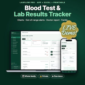 May include: A digital blood test and lab results tracker displayed on a laptop screen and a smartphone. The interface shows health overview metrics, test history, and charts. Text includes LABFLOW PRO, Blood Test & Lab Results Tracker, and LIVE Demo.