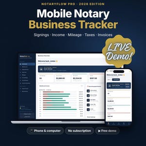 Może przedstawiać: Cyfrowe narzędzie do śledzenia działalności dla notariuszy mobilnych o nazwie NotaryFlow Pro 2026 Edition. Interfejs wyświetla podpisy, dochody, przebieg, podatki i faktury na laptopie i smartfonie. Złota odznaka zawiera napis Live Demo.