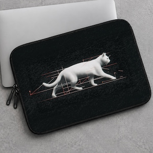 May include: A black laptop sleeve featuring a white cat graphic overlaid with thin orange geometric lines and dots. The sleeve has two black zippers and is partially covering a silver laptop. The design shows the cat in a walking pose.