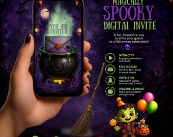 May include: A smartphone displaying a digital Halloween invitation featuring a purple envelope hovering above a black cauldron with green smoke. The screen shows the text YOU ARE INVITED. Beside the phone is a small broom and a cartoon monster.