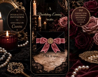 May include: A smartphone screen displaying a digital invitation with the text A Bewitching Evening Awaits and Click to open. The design features a black envelope tied with a dusty rose velvet bow and a gold wax seal depicting a witch hat.