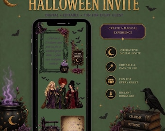 Interactive Halloween Invitation, Editable Halloween Party Invite, Digital Witch Invitation, Canva Editable Template, Instant Download