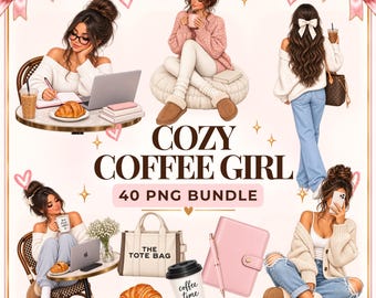 May include: A digital illustration bundle titled COZY COFFEE GIRL 40 PNG BUNDLE featuring various scenes of a character in casual clothing, including a tote bag with the text THE TOTE BAG, a pink planner, a croissant, and a coffee cup with the text Coffee time.