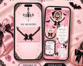 May include: Two smartphones displaying a pink Halloween invitation template. The screens feature black lace borders, a chandelier, a pink envelope with a black bow, a heart-shaped cake, a ghost, and text including "PINK HALLOWEEN INVITATION" and "HEY Boo!"
