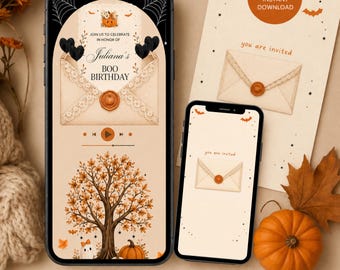 May include: Two smartphones displaying a digital Halloween-themed birthday invitation featuring an envelope with lace trim, a wax seal, black balloons, and a tree with orange leaves. The text reads Juliana's BOO BIRTHDAY and you are invited.