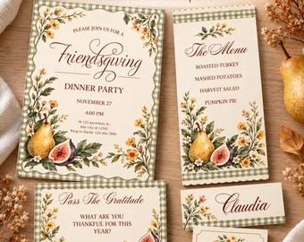 May include: A Friendsgiving dinner bundle of editable templates featuring a green gingham border, floral illustrations, and pears and figs. The text includes Friendsgiving Dinner Party, The Menu, Pass The Gratitude, and Claudia, with placeholders.