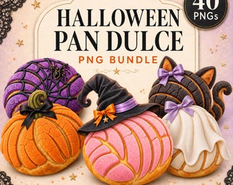 May include: A digital bundle of 40 Halloween Pan Dulce PNG images featuring various sweet breads decorated as pumpkins, a spiderweb, a cat, and a ghost, with one pink bread wearing a black witch hat. The text reads Halloween Pan Dulce PNG Bundle.