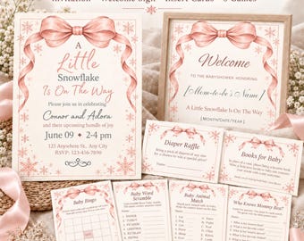 May include: A collection of printed baby shower stationery featuring pink bows and snowflake motifs. The set includes an invitation, a welcome sign, insert cards, and five game cards with text such as A Little Snowflake Is On The Way.