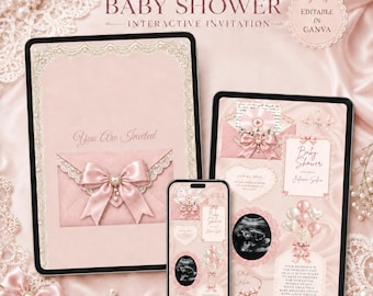 May include: A digital baby shower invitation template set displayed on a tablet and smartphone screen. The design features a soft pink colour palette with lace borders, satin bows, pearl accents, and text reading Coquette Baby Shower.