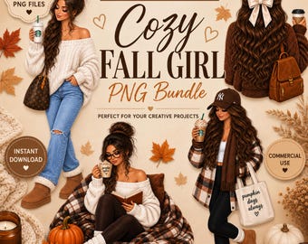May include: A digital collection of 18 high-quality PNG illustrations featuring stylized figures in autumn-themed clothing, including sweaters, jeans, and scarves, accompanied by fall accessories like pumpkins, coffee cups, and maple leaves.