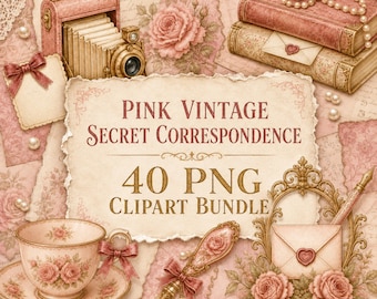 May include: A digital clipart bundle featuring pink vintage items including a camera, books, a teacup, a fountain pen, and an ornate frame. The central text reads: PINK VINTAGE SECRET CORRESPONDENCE 40 PNG CLIPART BUNDLE, set against a floral background.