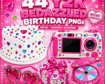 May include: A digital collection of 44 Y2K bedazzled birthday PNGs featuring a white heart-shaped cake, a pink digital camera, heart-shaped sunglasses, a heart-shaped gift box, and a pink CD player, all decorated with colorful rhinestones.