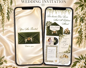 May include: Two smartphones displaying an interactive wedding invitation template. The screens show a dark green envelope with a gold wax seal, floral accents, and text including "You Are Invited," "Two hearts, One Love," and "Editable in Canva."
