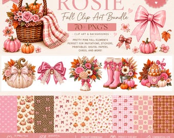 May include: A digital clip art bundle titled ROSIE Fall Clip Art Bundle featuring over 70 PNG files. The collection includes illustrations of pink pumpkins, floral arrangements in baskets, pink bows, rain boots, and various patterned digital papers.