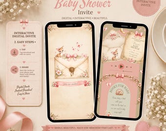 May include: Two smartphones displaying an interactive digital baby shower invitation template. The screens feature a fawn illustration, pink bows, floral accents, and text including 'Interactive Baby Shower Invite' and 'Books for Baby' on a soft beige background.