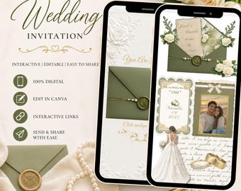 Invitación de boda interactiva y elegante, plantilla editable de Canva, invitación de boda en verde oliva, confirmación de asistencia, descarga instantánea.