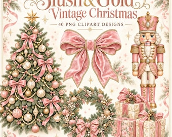 May include: A digital collection of 40 PNG clipart designs titled Blush & Gold Vintage Christmas. The set features a decorated Christmas tree, a large pink velvet bow, a nutcracker, a festive wreath, and wrapped gifts in blush and gold tones.
