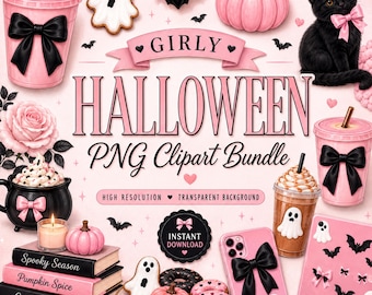 May include: A digital clipart bundle featuring pink and black Halloween elements including a black cat with a pink bow, ghost cookies, bats, pink pumpkins, a black cauldron, iced coffee cups with black bows, books, and a phone case with text.
