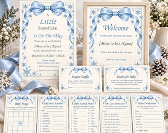 May include: A set of printed baby shower stationery featuring a blue bow and snowflake theme. Includes an invitation, welcome sign, diaper raffle card, books for baby card, and five game cards: Baby Bingo, Word Scramble, Animal Match, Who Knows Mommy Best, and Baby Predictions.