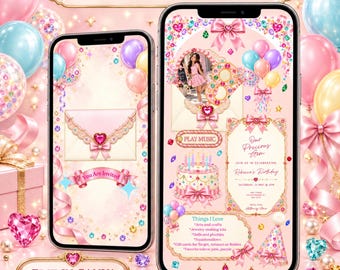 May include: Two smartphones displaying an editable digital birthday invitation template with a pink theme, featuring illustrations of balloons, ribbons, a birthday cake, a party hat, and heart-shaped gems, with text including EDITABLE BIRTHDAY INVITATION.