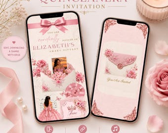 May include: Two smartphones displaying an interactive Quinceañera invitation template. The screens feature pink floral graphics, a bow, an envelope, and text including "Elizabeth's Sweet Fifteen" and "You Are Invited" with digital music icons.