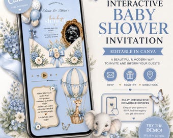 May include: A smartphone displaying an interactive baby shower invitation with blue and cream tones, featuring a hot air balloon, a giraffe, and an elephant. The screen shows text including Olivia & Ethan's baby shower, RSVP, registry, and directions.