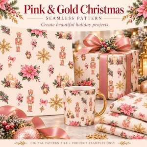 Puede incluir: Un diseño de patrón sin costuras con motivos navideños en rosa y oro, incluyendo cascanueces, flores de pascua, copos de nieve, velas y bastones de caramelo. El texto dice Pink & Gold Christmas SEAMLESS PATTERN Create beautiful holiday projects.