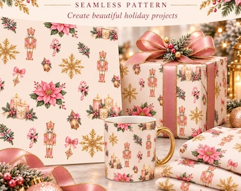 May include: A seamless pattern design featuring pink and gold Christmas motifs including nutcrackers, poinsettias, snowflakes, candles, and candy canes. The text reads Pink & Gold Christmas SEAMLESS PATTERN Create beautiful holiday projects.