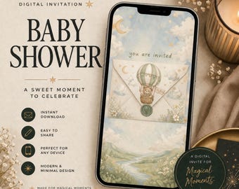 May include: A smartphone displaying a digital baby shower invitation featuring a teddy bear in a hot air balloon on an envelope. The screen shows the text 'you are invited' against a sky background with clouds, stars, and a landscape.