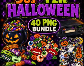 May include: A digital graphic bundle featuring 90s and Y2K Halloween imagery. Elements include a jack-o'-lantern candy bucket, a VCR, beaded bracelets, vampire teeth, eyeballs, skulls, ghosts, bats, and cats with text reading 90s + Y2K HALLOWEEN.