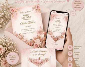 May include: An interactive baby shower invitation set featuring a printed card and a smartphone displaying a digital invite. The design includes soft pink watercolor tones, floral arrangements, and pumpkins with text reading Join us for a BABY SHOWER.