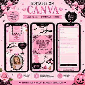 May include: A digital Halloween birthday party invitation template set in pink and black, featuring ghost, pumpkin, and spider graphics. The design includes editable text fields, a photo frame, and an RSVP form, all displayed on three smartphone screens.