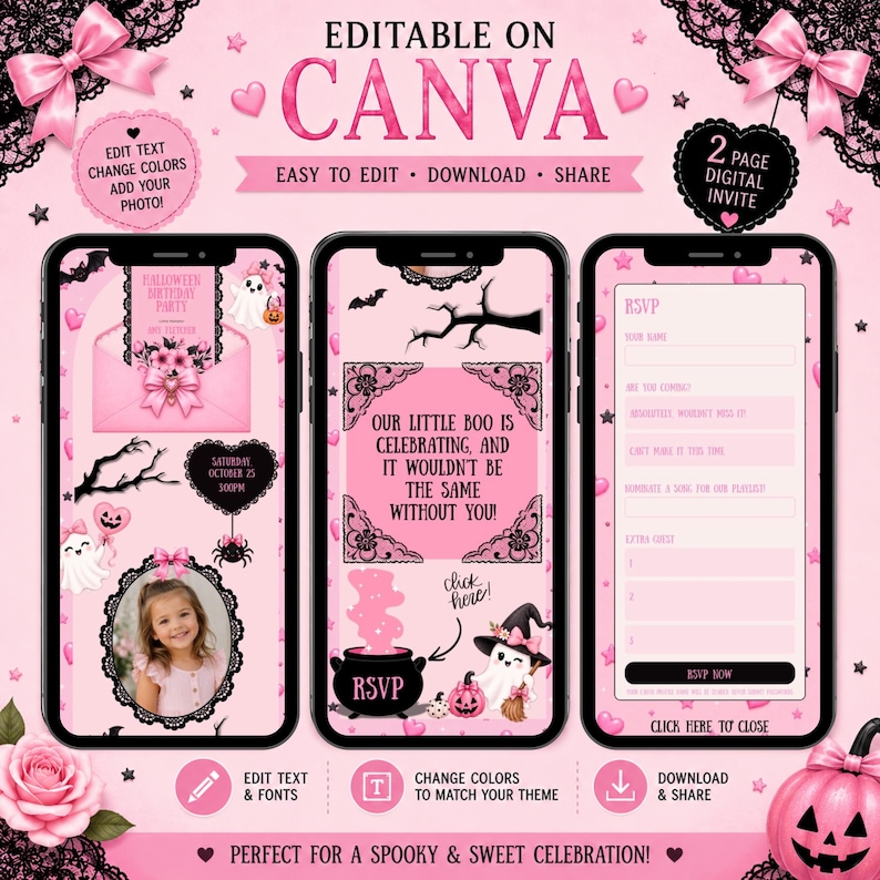 May include: A digital Halloween birthday party invitation template set in pink and black, featuring ghost, pumpkin, and spider graphics. The design includes editable text fields, a photo frame, and an RSVP form, all displayed on three smartphone screens.