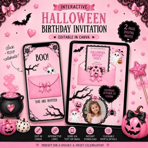 May include: A digital Halloween birthday invitation template displayed on a smartphone and tablet. The design features a pink colour scheme with black lace accents, ghosts, pumpkins, and bows. Text includes "Interactive Halloween Birthday Invitation" and "Boo! You are invited."