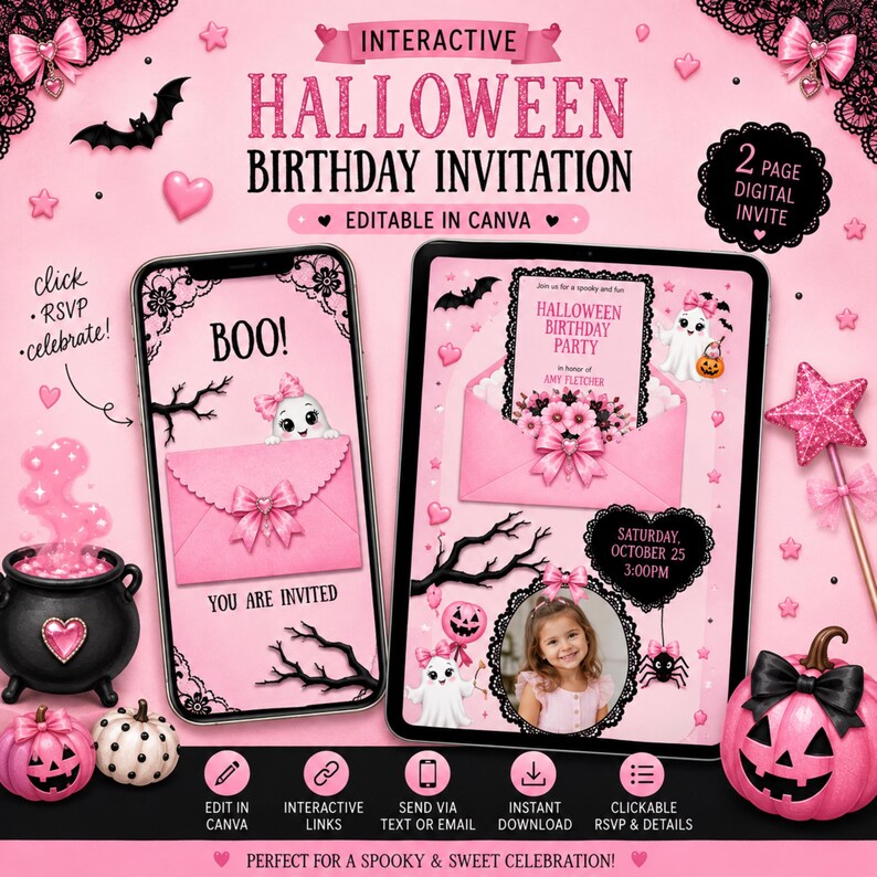 May include: A digital Halloween birthday invitation template displayed on a smartphone and tablet. The design features a pink colour scheme with black lace accents, ghosts, pumpkins, and bows. Text includes "Interactive Halloween Birthday Invitation" and "Boo! You are invited."